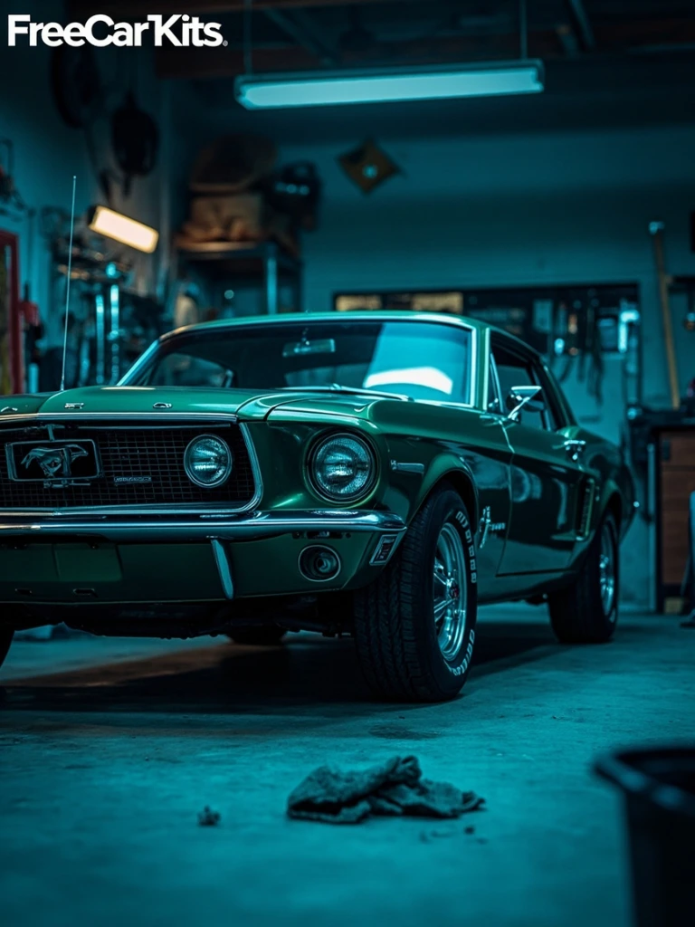 1968 Ford Mustang fastback in a working garage