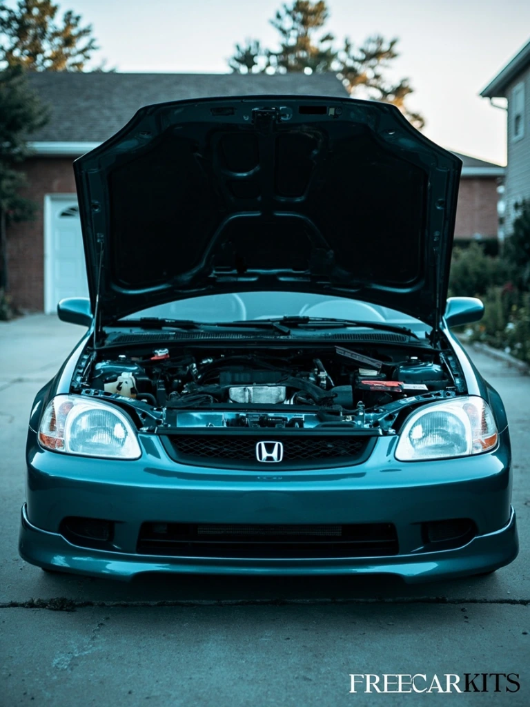 2003 Honda Civic in a home driveway with the hood open